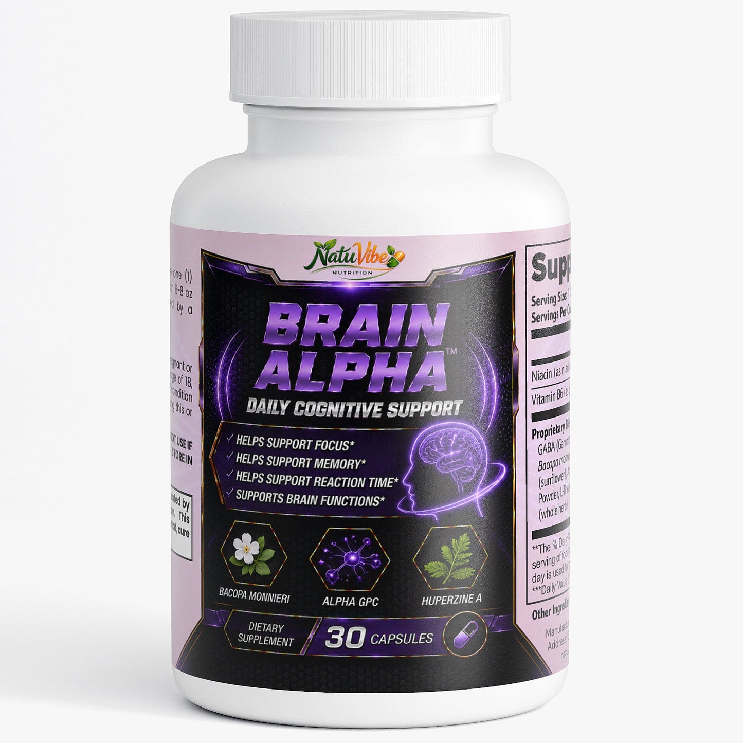 Brain Alpha™ – Daily Cognitive Support | Focus, Memory & Reaction Time | Bacopa, Alpha GPC & Huperzine A | 30 Caps