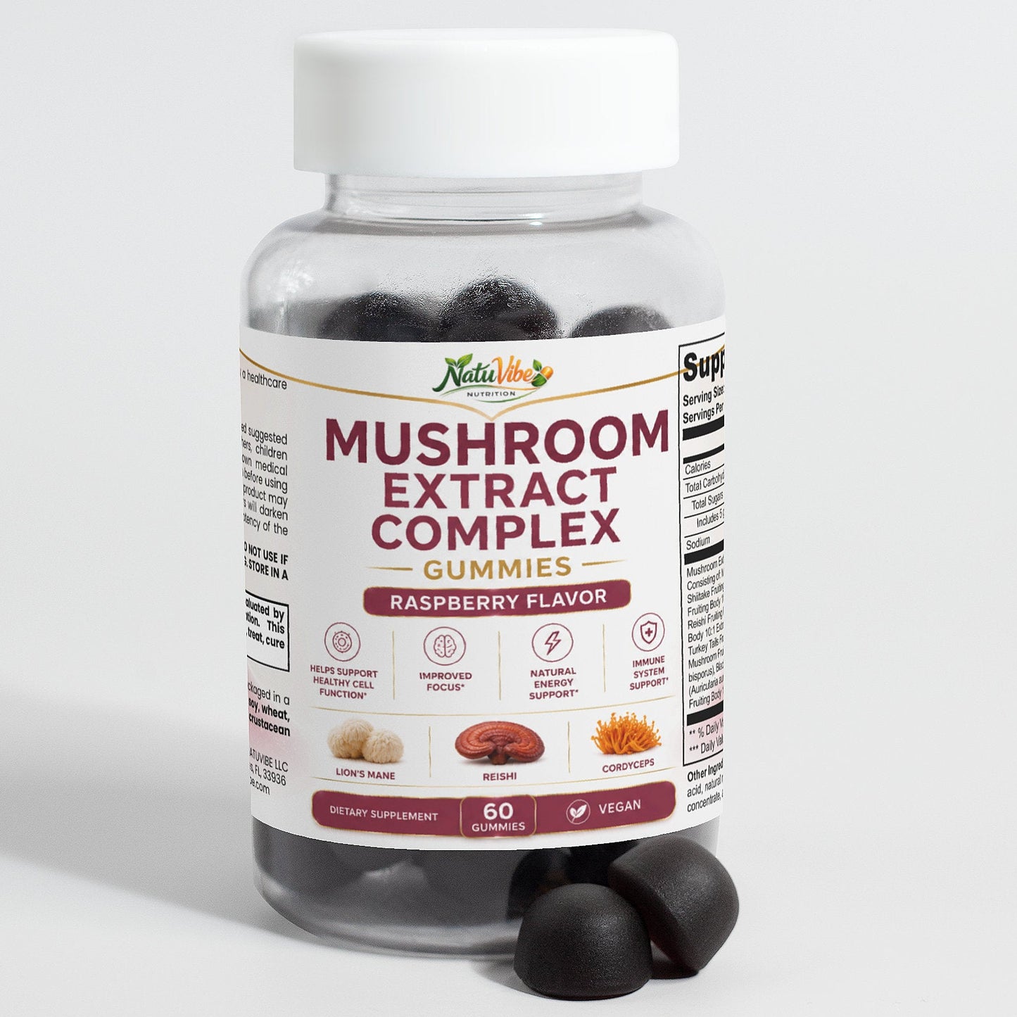 Mushroom Extract Complex Gummies – Lion’s Mane, Reishi & Cordyceps | Focus, Energy & Immunity | 60 Gummies