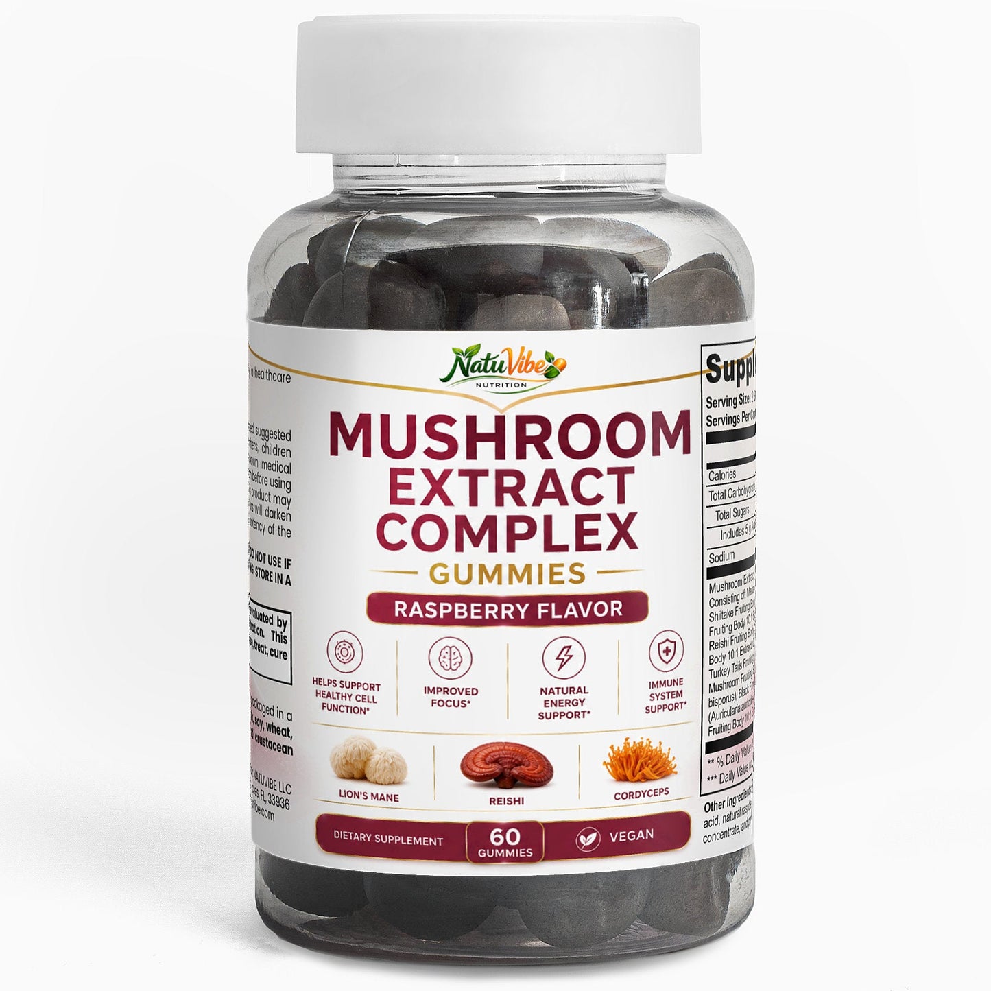 Bottle of Mushroom Extract Complex Gummies with raspberry flavor on a white background
