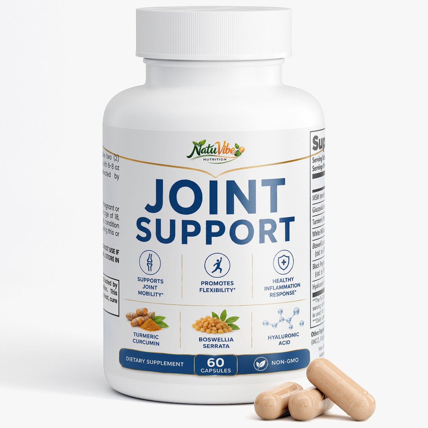 Supplement bottle labeled 'Joint Support' with capsules on a white background
