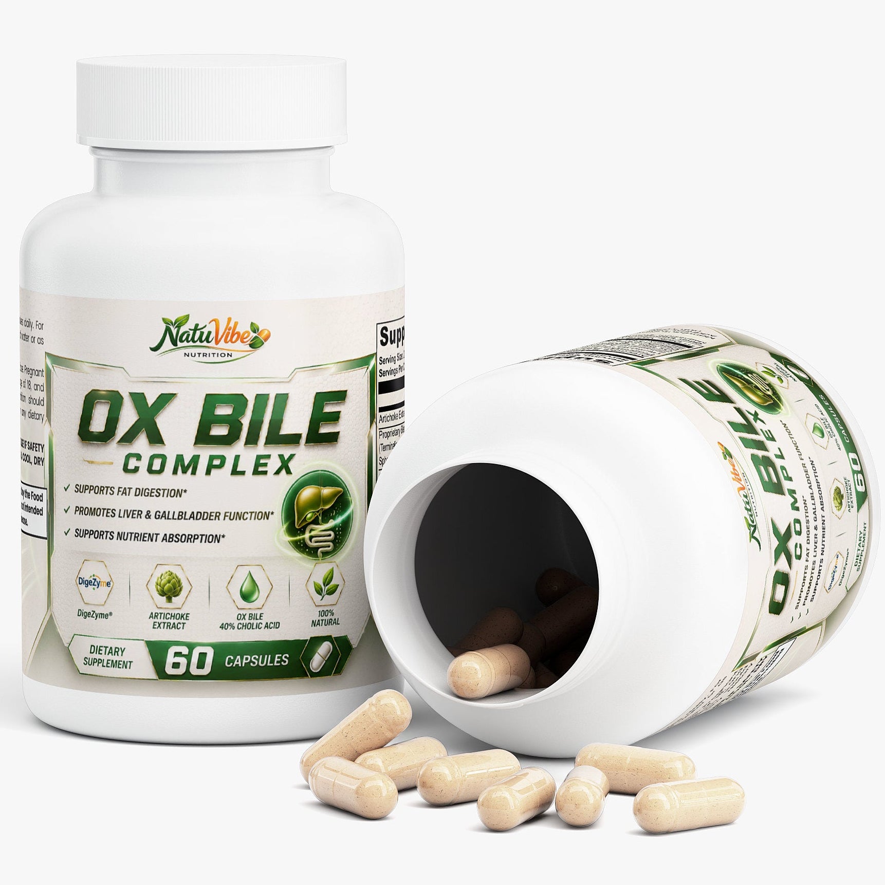 Natuve Ox Bile Complex supplement bottle with spilled capsules on a white background