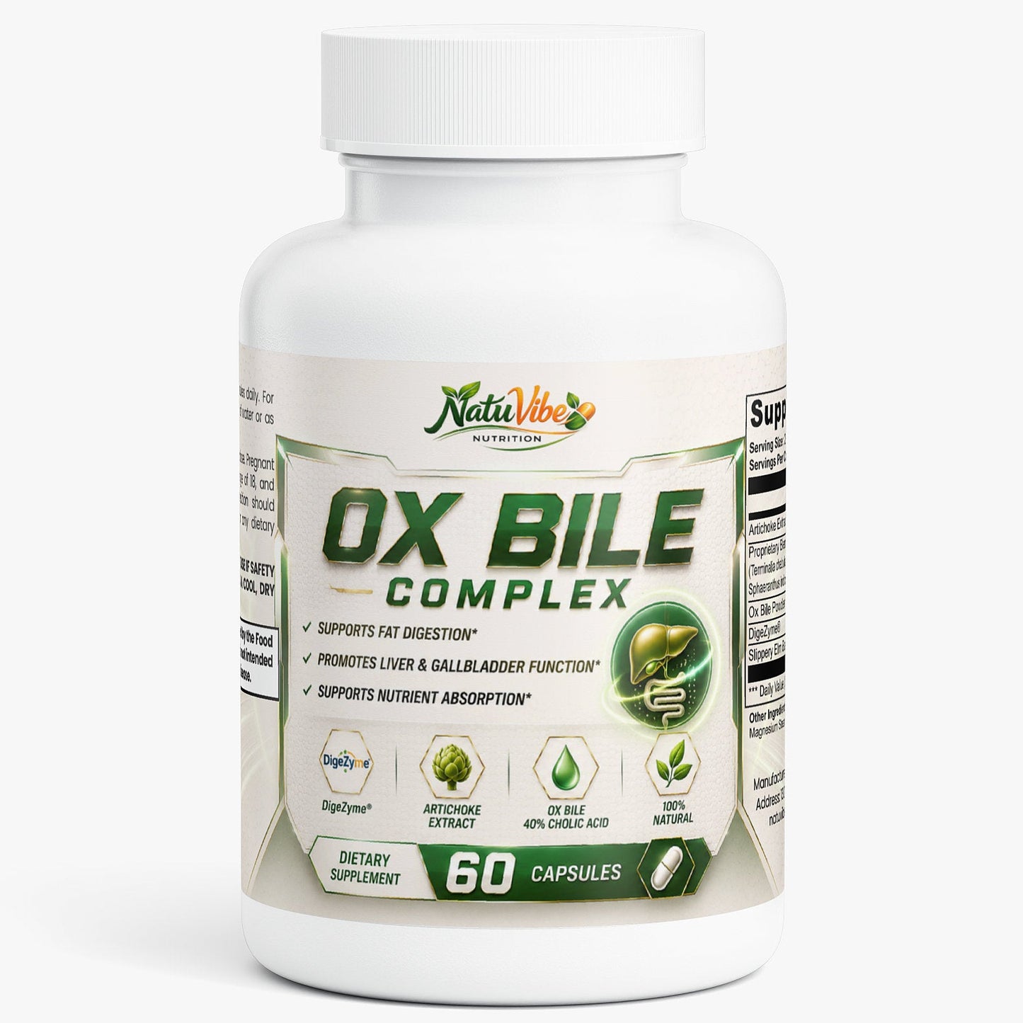 Supplement bottle labeled 'Ox Bile Complex' on a white background
