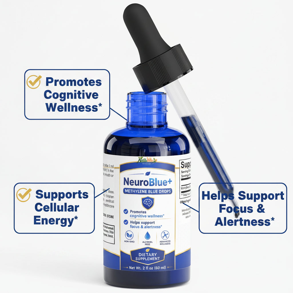 Neurova Methylene Blue Drops bottle with dropper on a white background