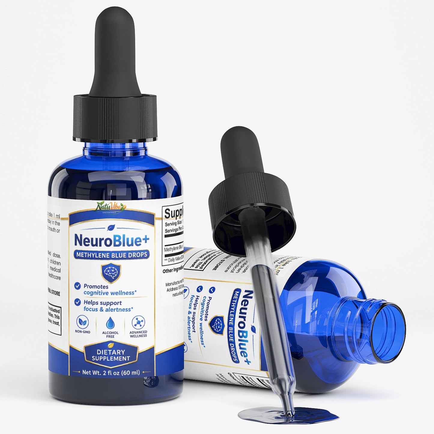 NeuroBlue supplement bottle with dropper on a white background