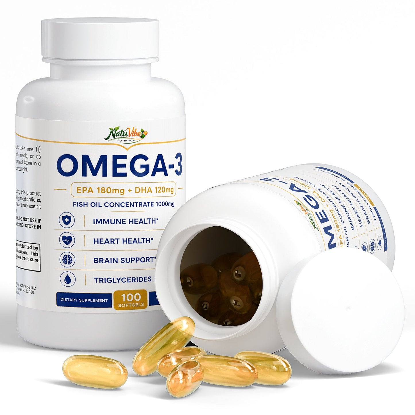 Omega-3 Fish Oil 1000mg – EPA 180mg + DHA 120mg | Immune, Heart & Brain Support | Gluten Free | 100 Softgels