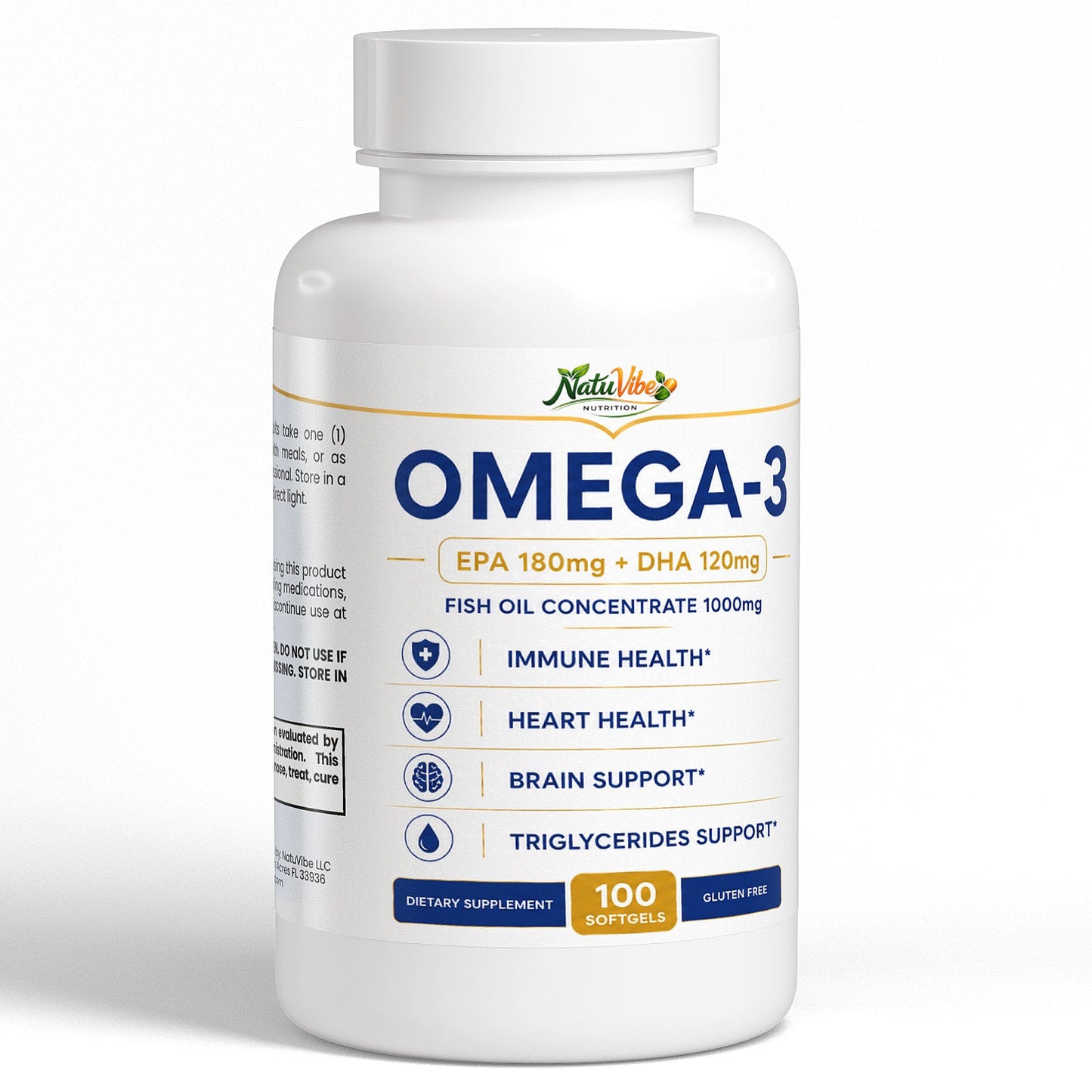 Omega-3 Fish Oil 1000mg – EPA 180mg + DHA 120mg | Immune, Heart & Brain Support | Gluten Free | 100 Softgels