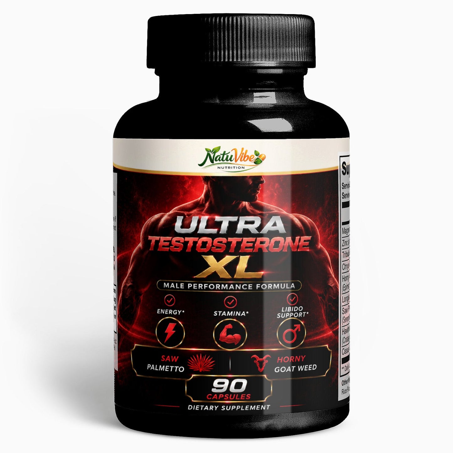 Supplement bottle labeled 'Ultra Testosterone XL' on a white background