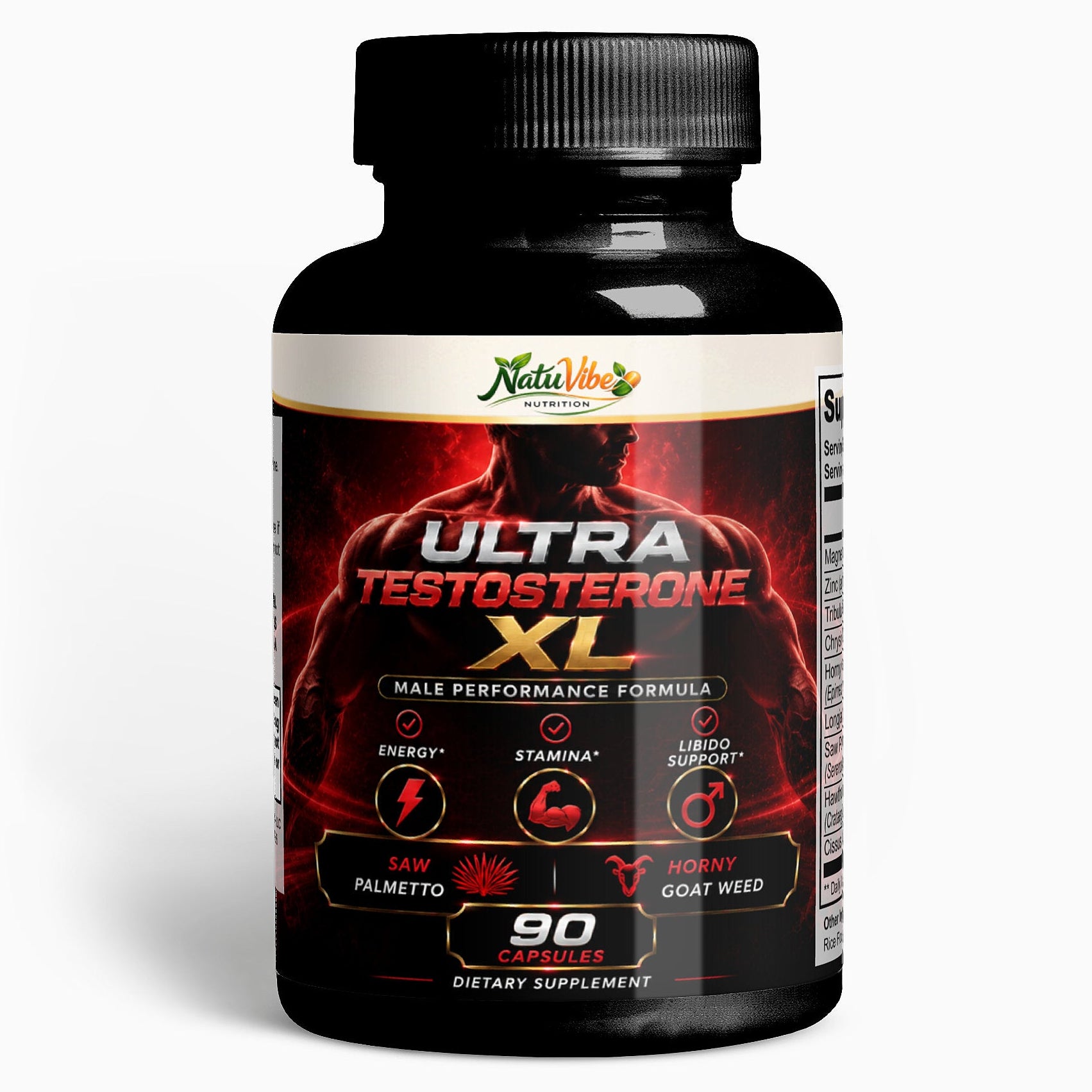 Supplement bottle labeled 'Ultra Testosterone XL' on a white background