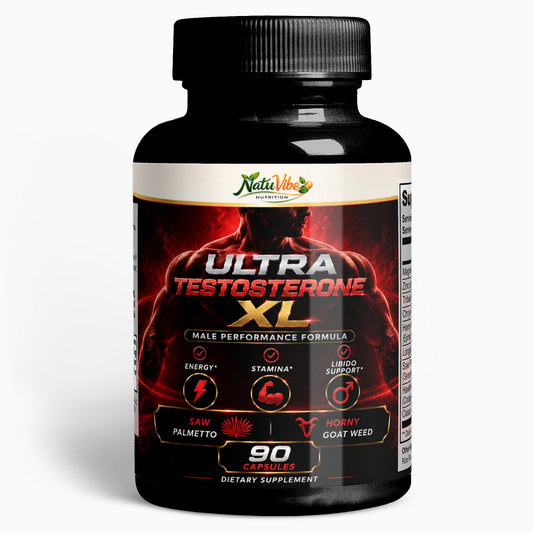 Supplement bottle labeled 'Ultra Testosterone XL' on a white background
