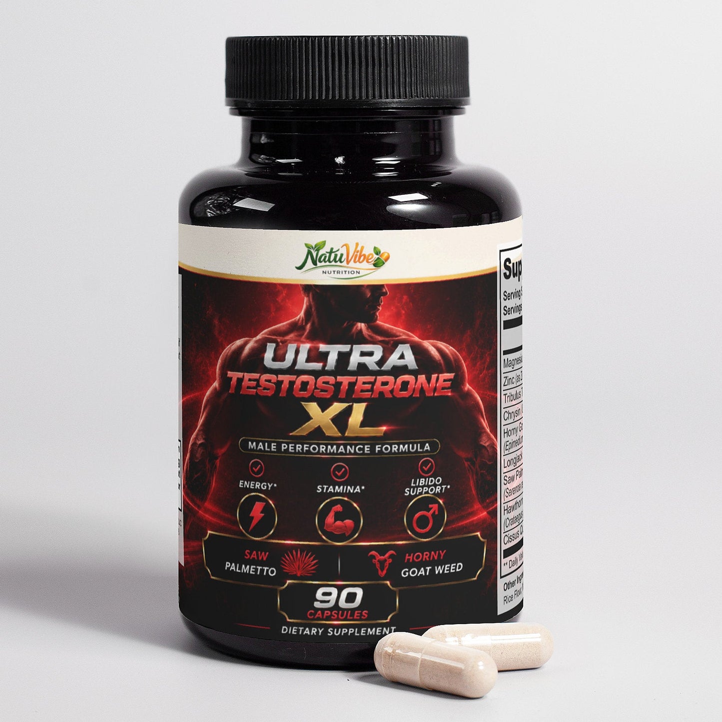 Supplement bottle labeled 'Ultra Testosterone XL' with two capsules on a light gray background