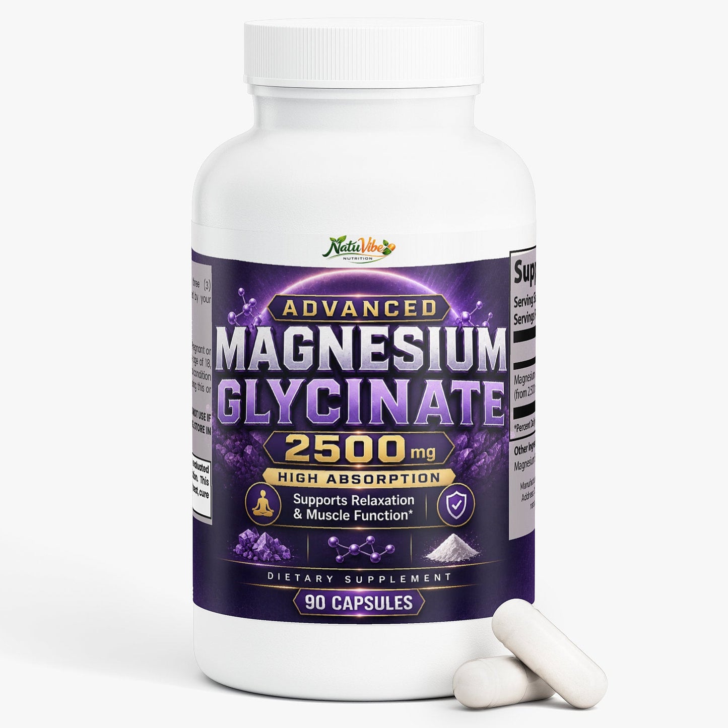 Supplement bottle labeled 'Advanced Magnesium Glycinate 2500mg' on a white background