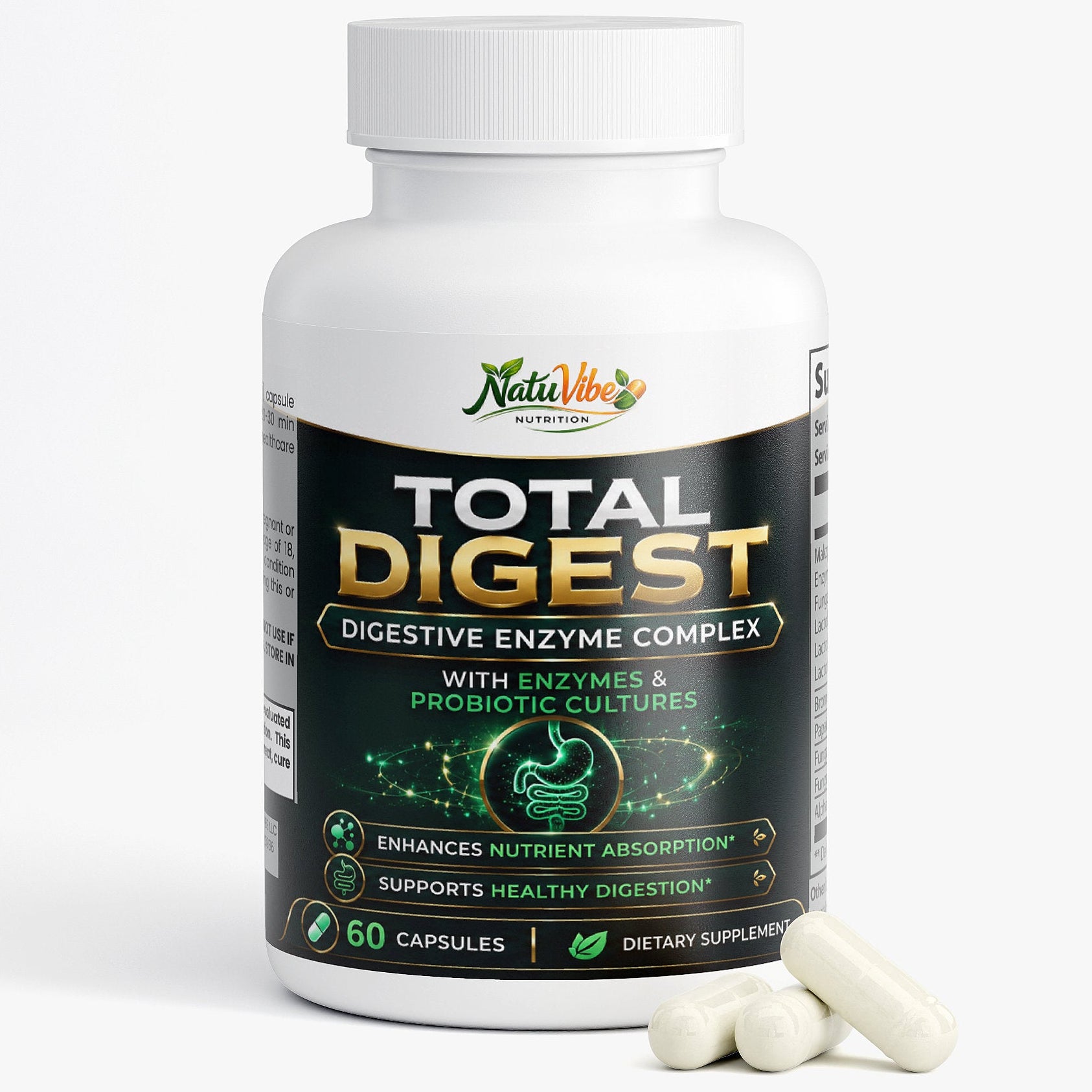 Total Digest™ – Digestive Enzyme & Gut Health Supplement | Enzymes & Probiotic Cultures | Nutrient Absorption | 60 Caps