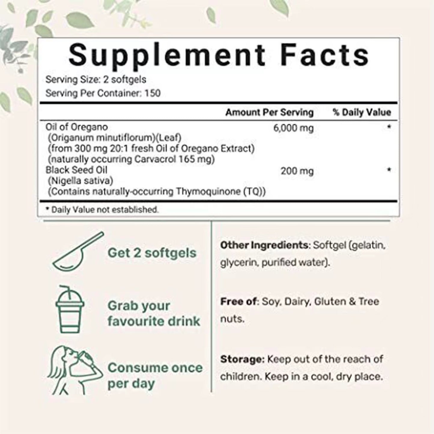 300 Softgels Oil of Oregano with Black Seed Oil 6000mg Organic-Non-GMO, Gluten Free -USA