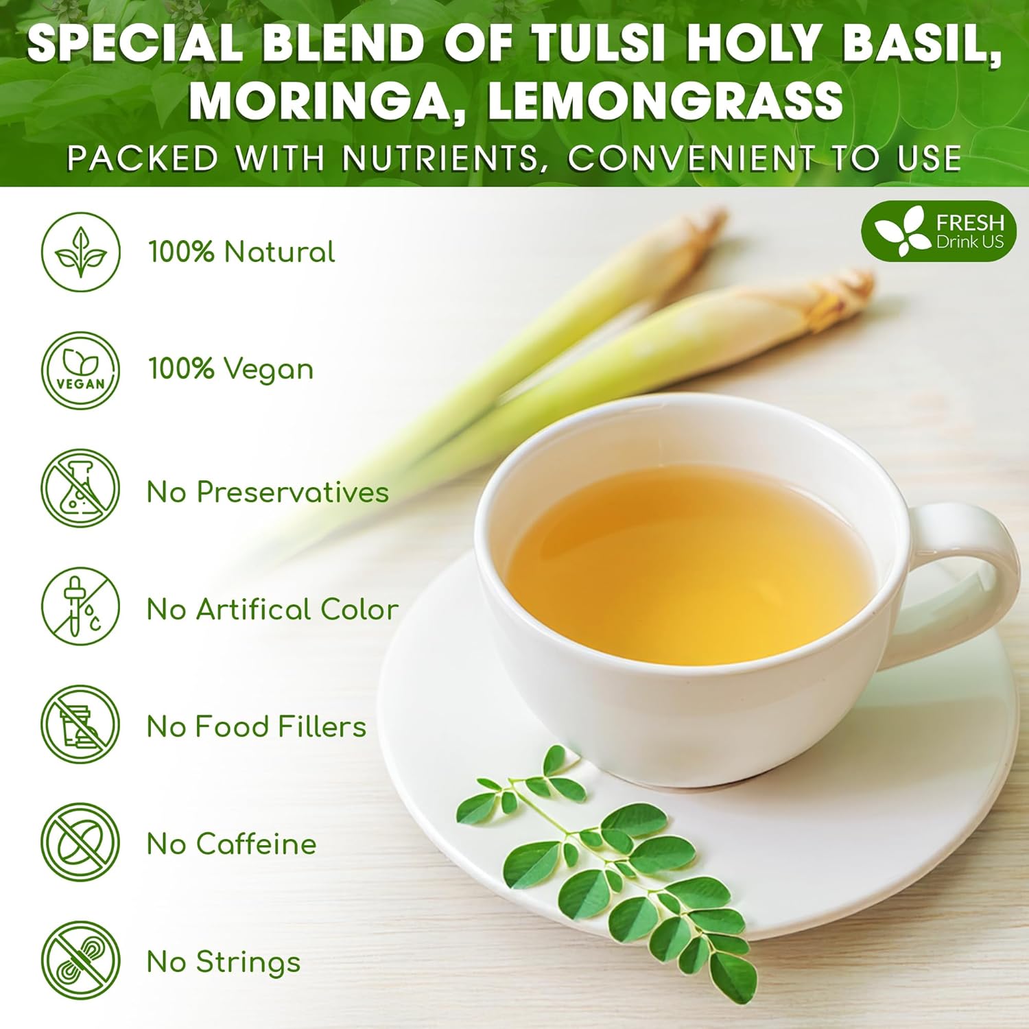 Premium Tulsi Moringa Lemongrass Tea Bags, 100% Natural & Pure from Tulsi Holy Basil Leaves, Moringa & Lemongrass.