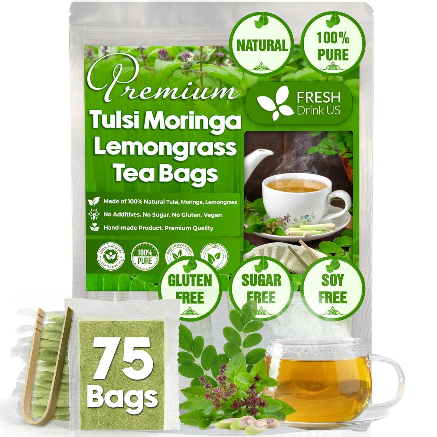 Premium Tulsi Moringa Lemongrass Tea Bags, 100% Natural & Pure from Tulsi Holy Basil Leaves, Moringa & Lemongrass. 75 Tea Bags