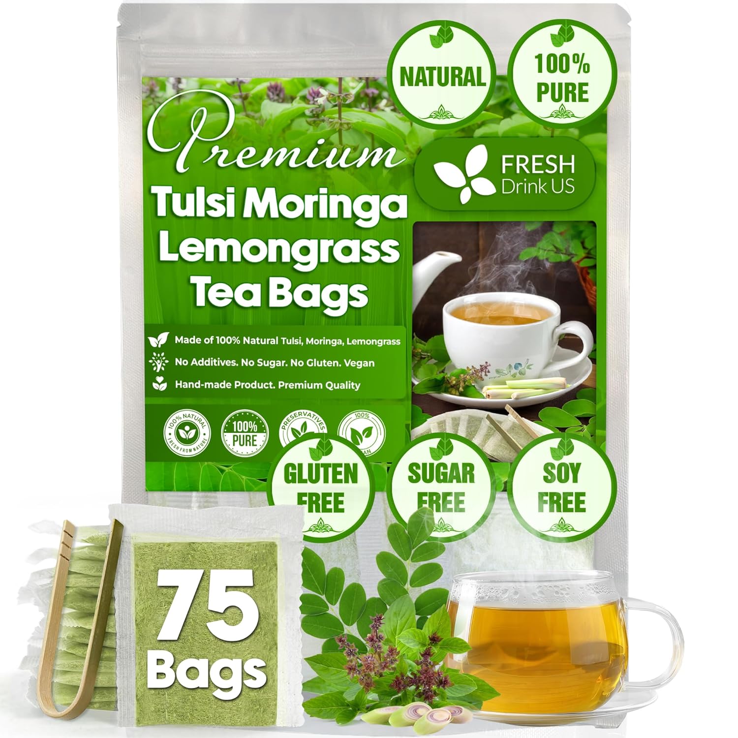 Premium Tulsi Moringa Lemongrass Tea Bags, 100% Natural & Pure from Tulsi Holy Basil Leaves, Moringa & Lemongrass. 75 Tea Bags