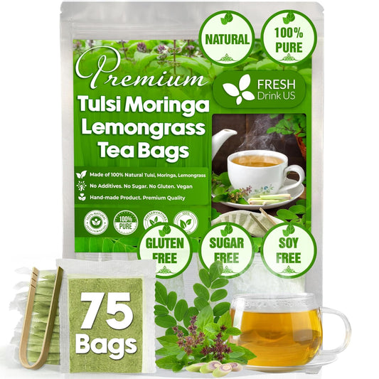 Premium Tulsi Moringa Lemongrass Tea Bags, 100% Natural & Pure from Tulsi Holy Basil Leaves, Moringa & Lemongrass. 75 Tea Bags