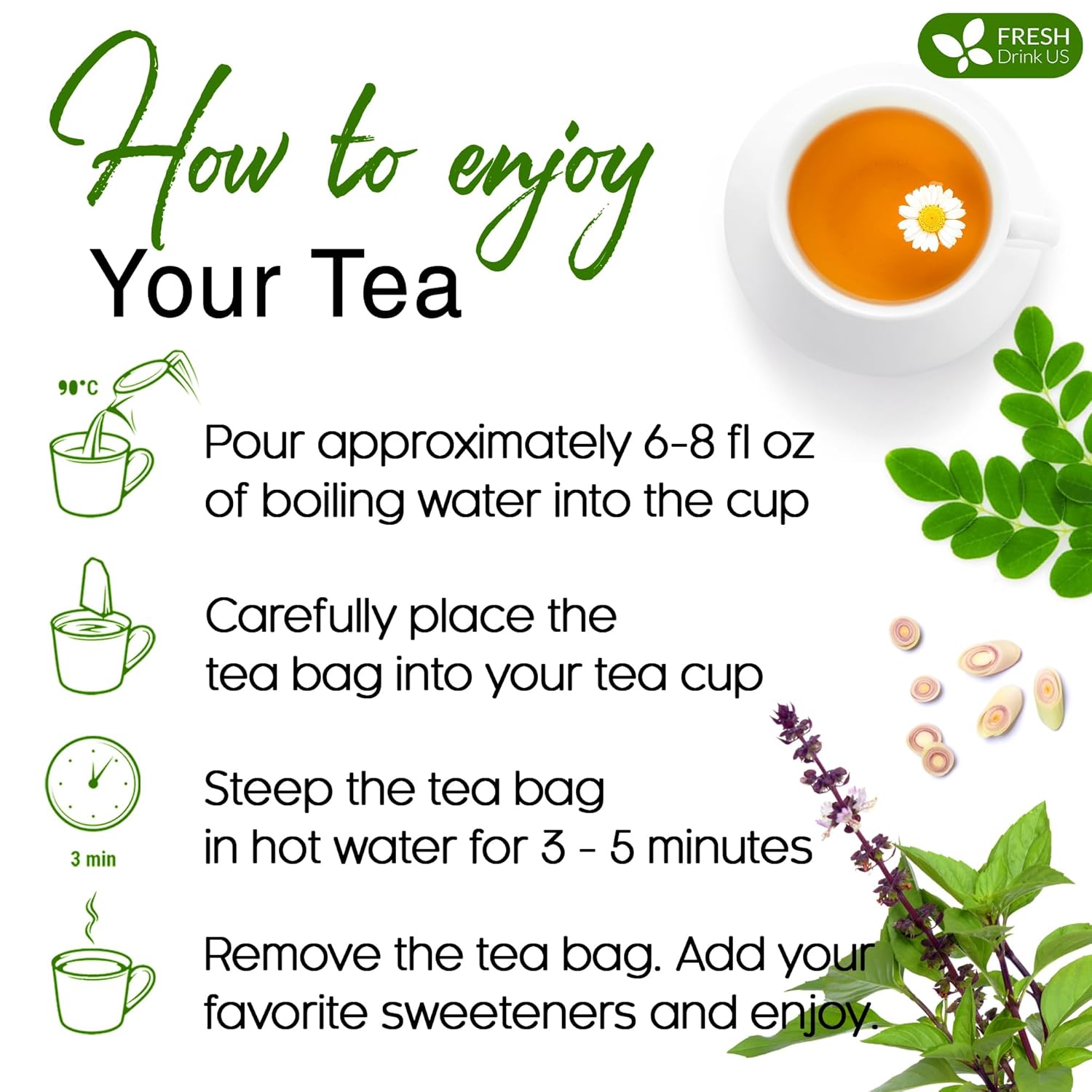 Premium Tulsi Moringa Lemongrass Tea Bags, 100% Natural & Pure from Tulsi Holy Basil Leaves, Moringa & Lemongrass.