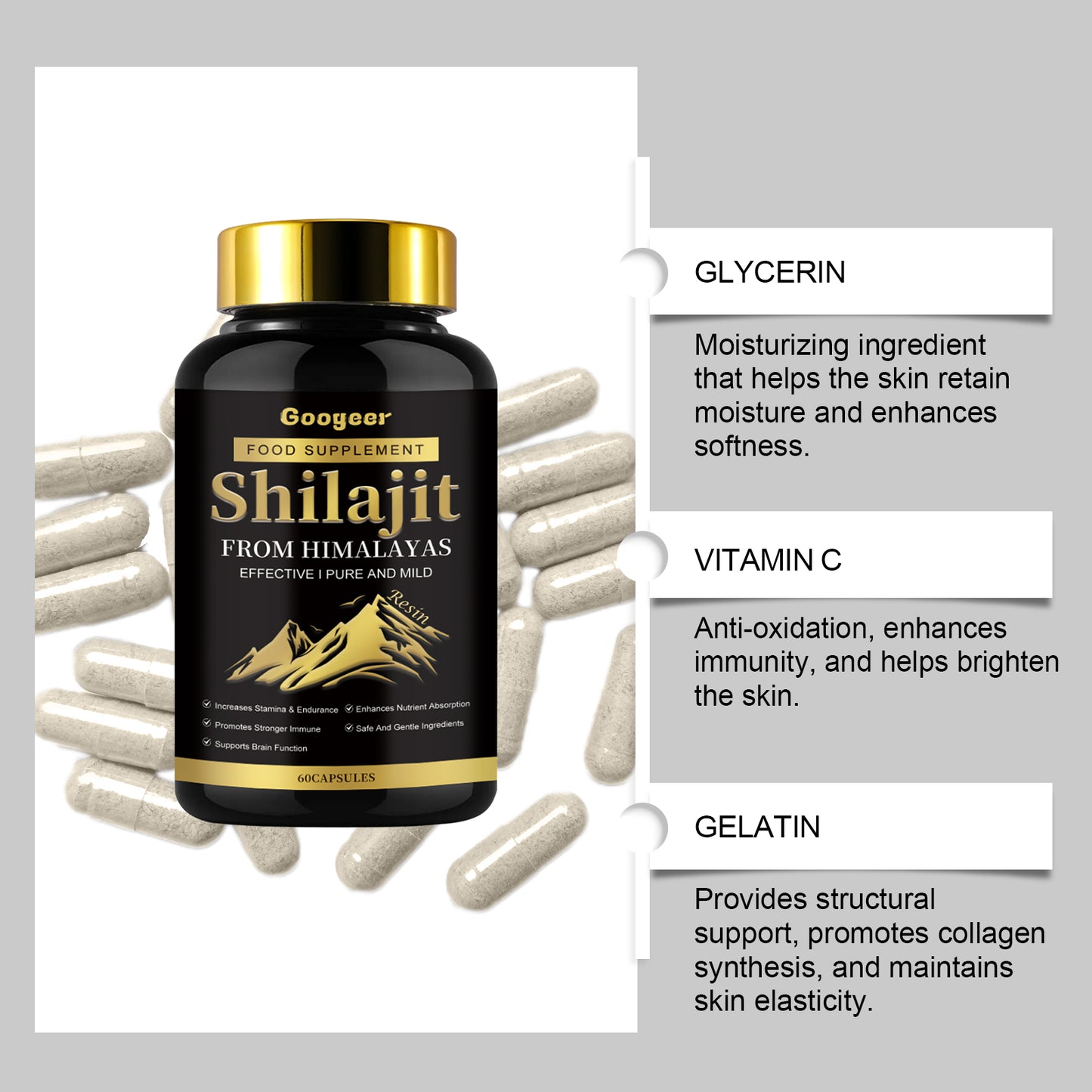 Shilajit Extra Strength Resin Caps Himalayan Dietary Supplement for Men & Women (60 Caps)