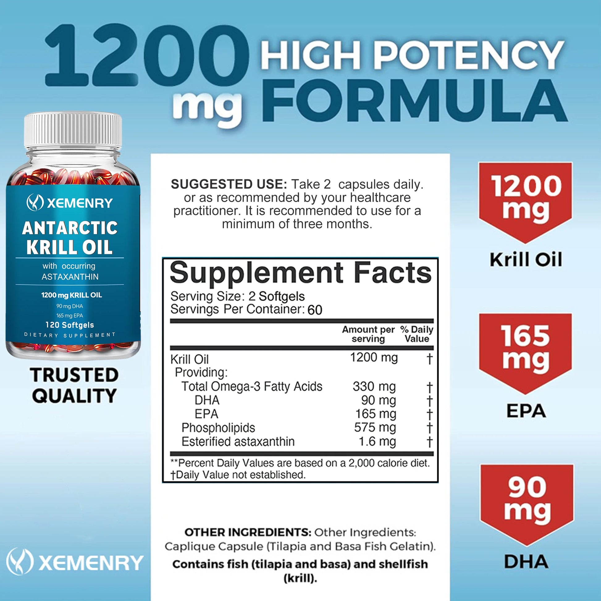 Antarctic Krill Oil - with EPA, DHA, Astaxanthin Phospholipids, Supports Heart, Brain, Joint Eye Health - 120 Capsules