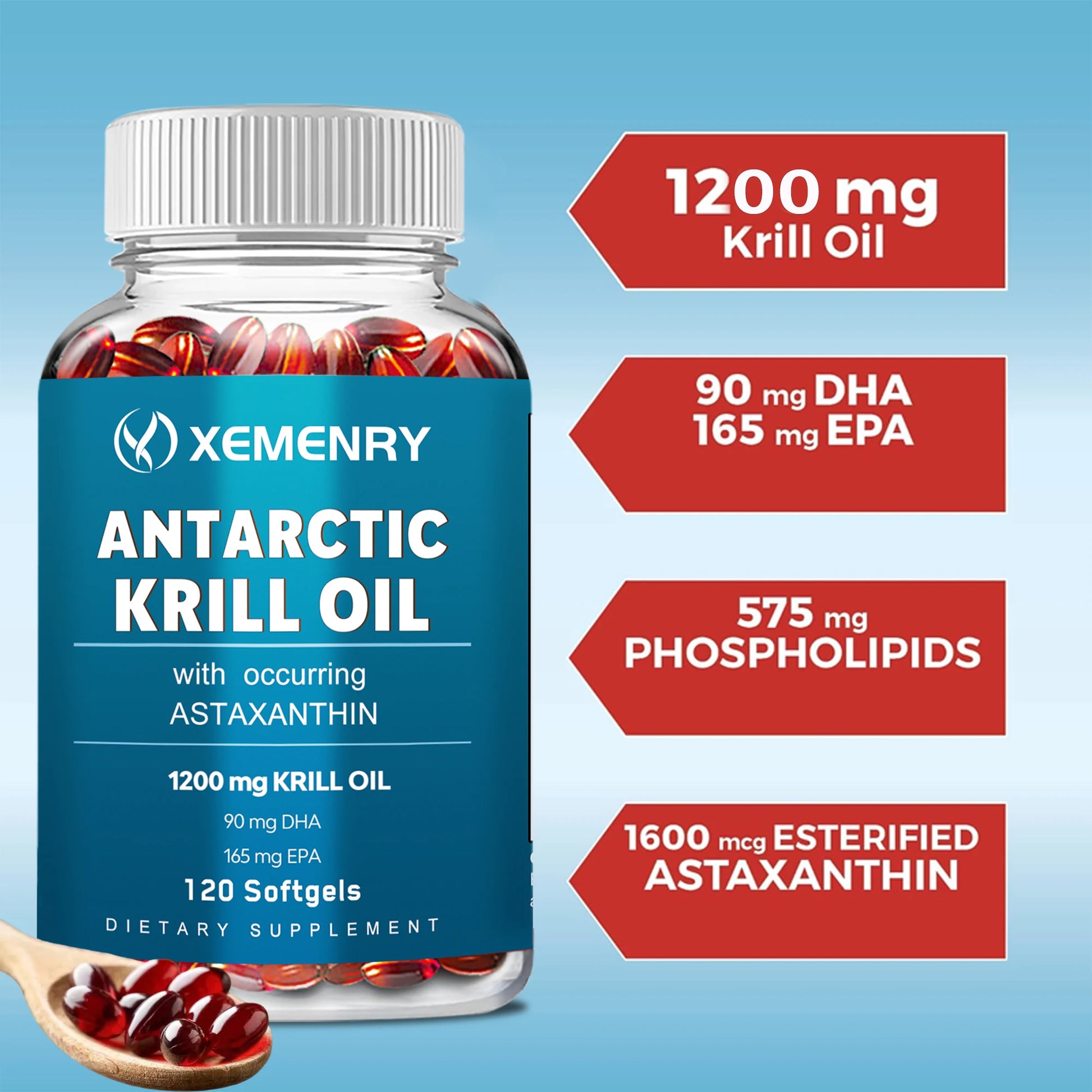 Antarctic Krill Oil - with EPA, DHA, Astaxanthin Phospholipids, Supports Heart, Brain, Joint Eye Health - 120 Capsules