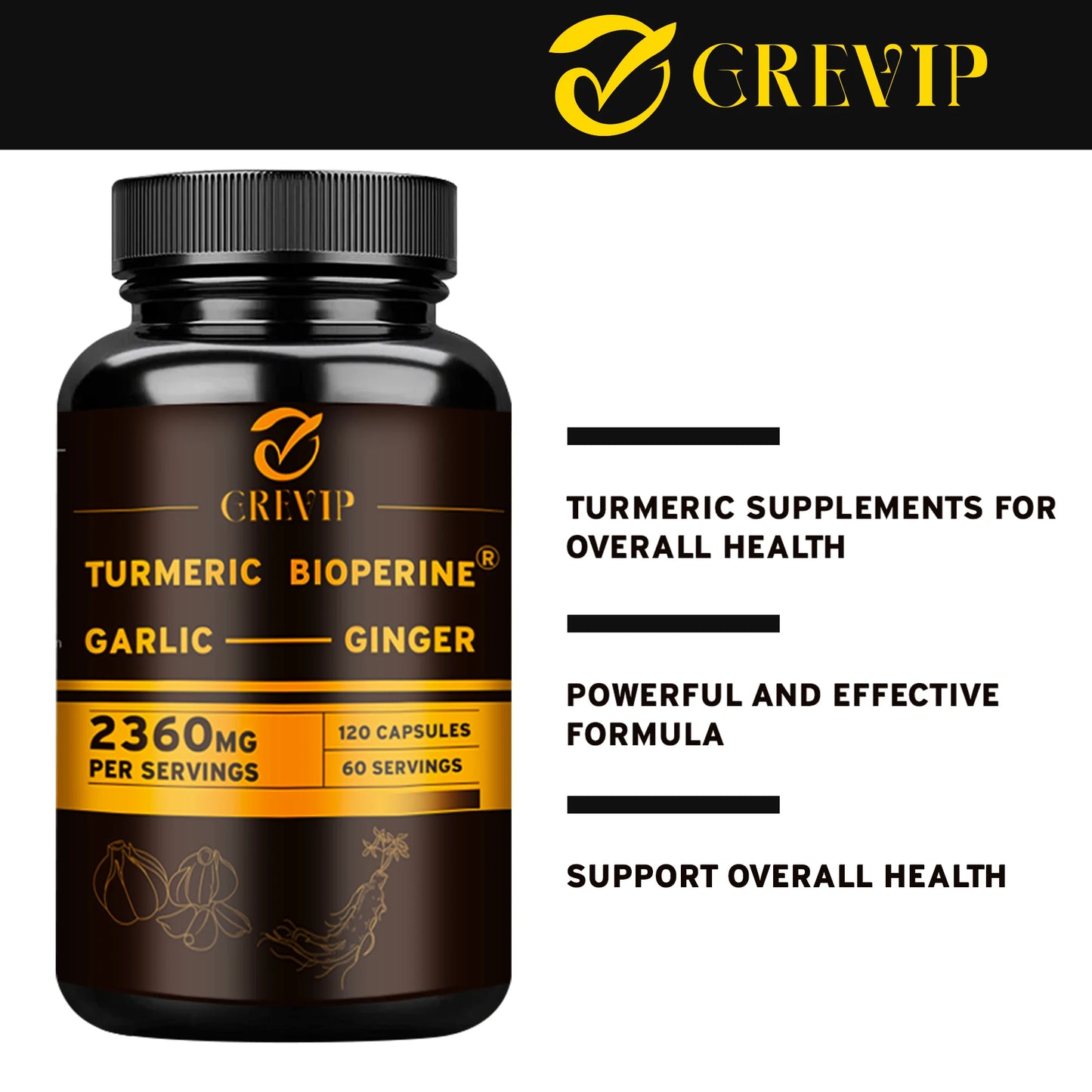 4-in-1 Turmeric Ginger Supplement - with Garlic Curcumin Black Pepper - Joints,Immune Support,Improves Digestion - 120 Capsules