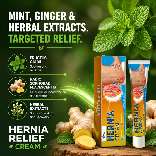 Hernia relief cream packaging with mint, ginger, and herbal elements on a green background.