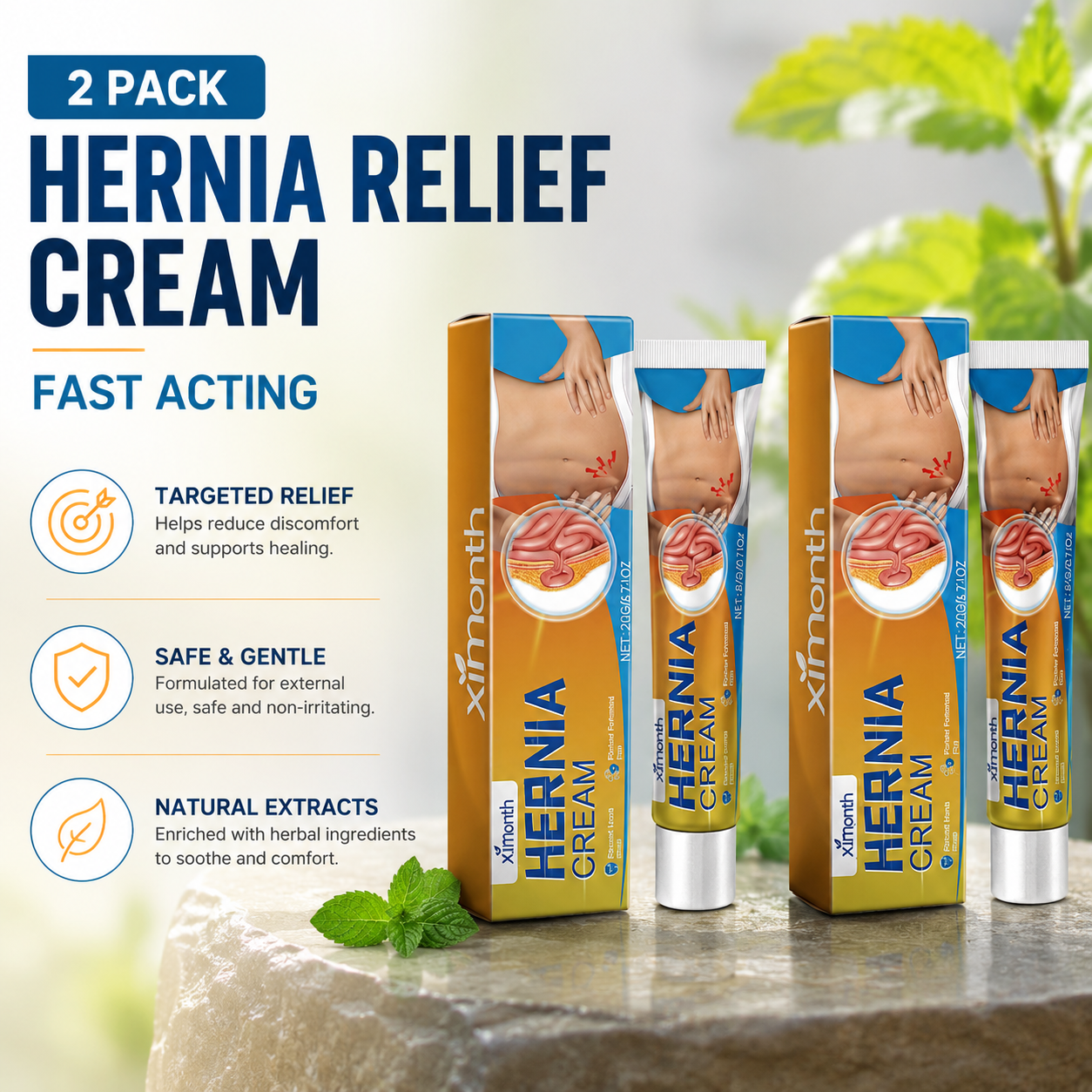 2 Pack Hernia Relief Cream Mint, Ginger & Herbal Extracts / Natural Pain & Inflammation