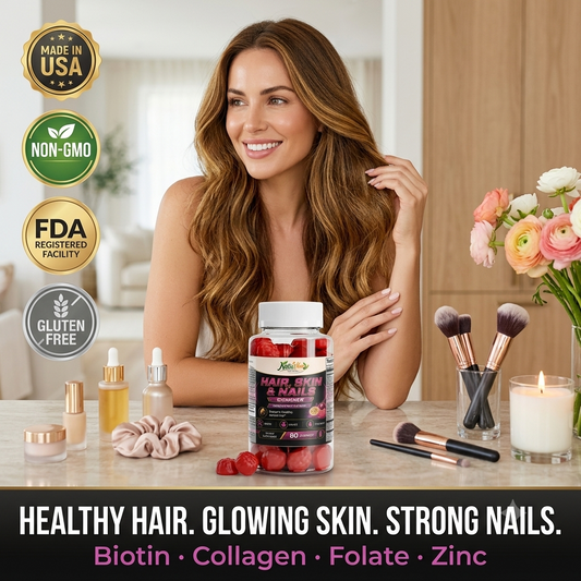 Woman with long hair sitting at a table with a supplement bottle, makeup brushes, and flowers.