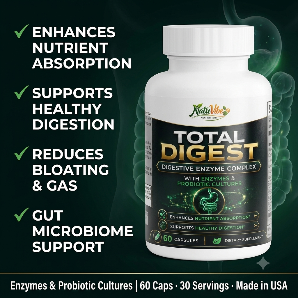 Total Digest™ – Digestive Enzyme & Gut Health Supplement | Enzymes & Probiotic Cultures | Nutrient Absorption | 60 Caps