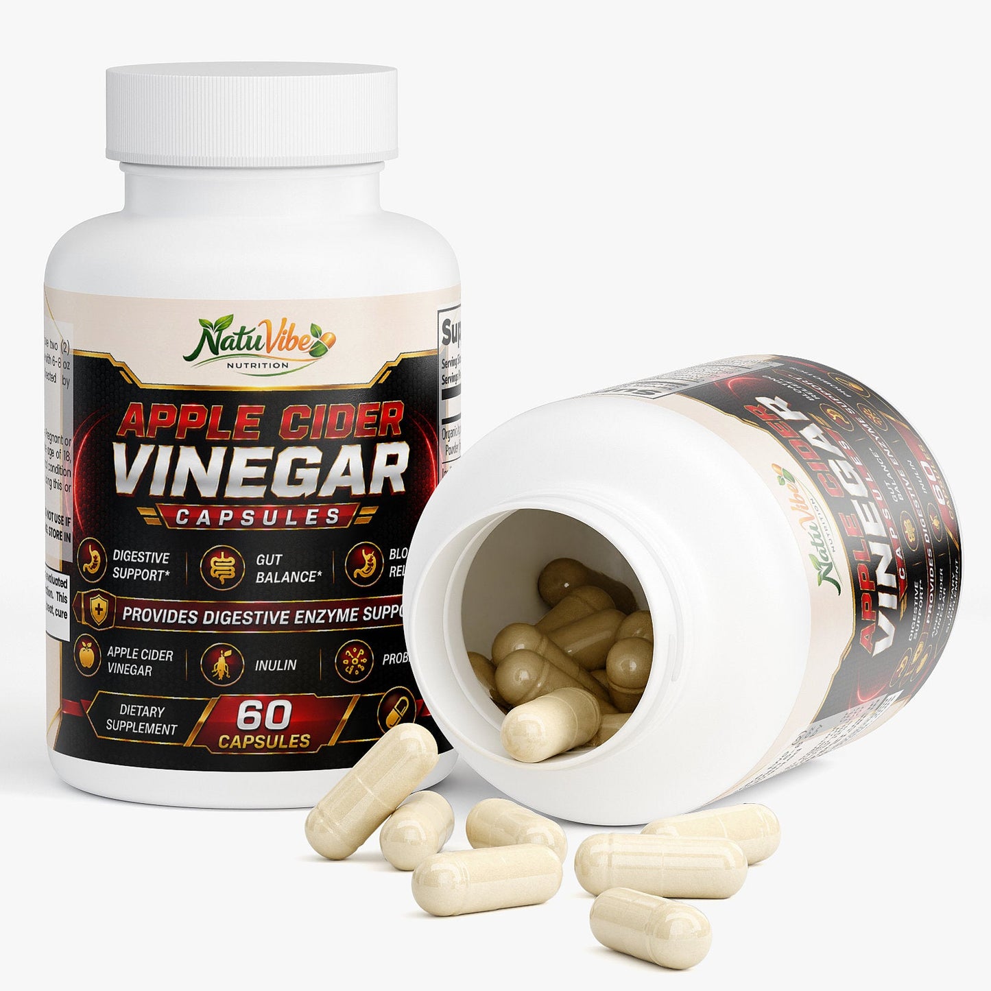 Apple cider vinegar capsules with a bottle and open cap on a white background