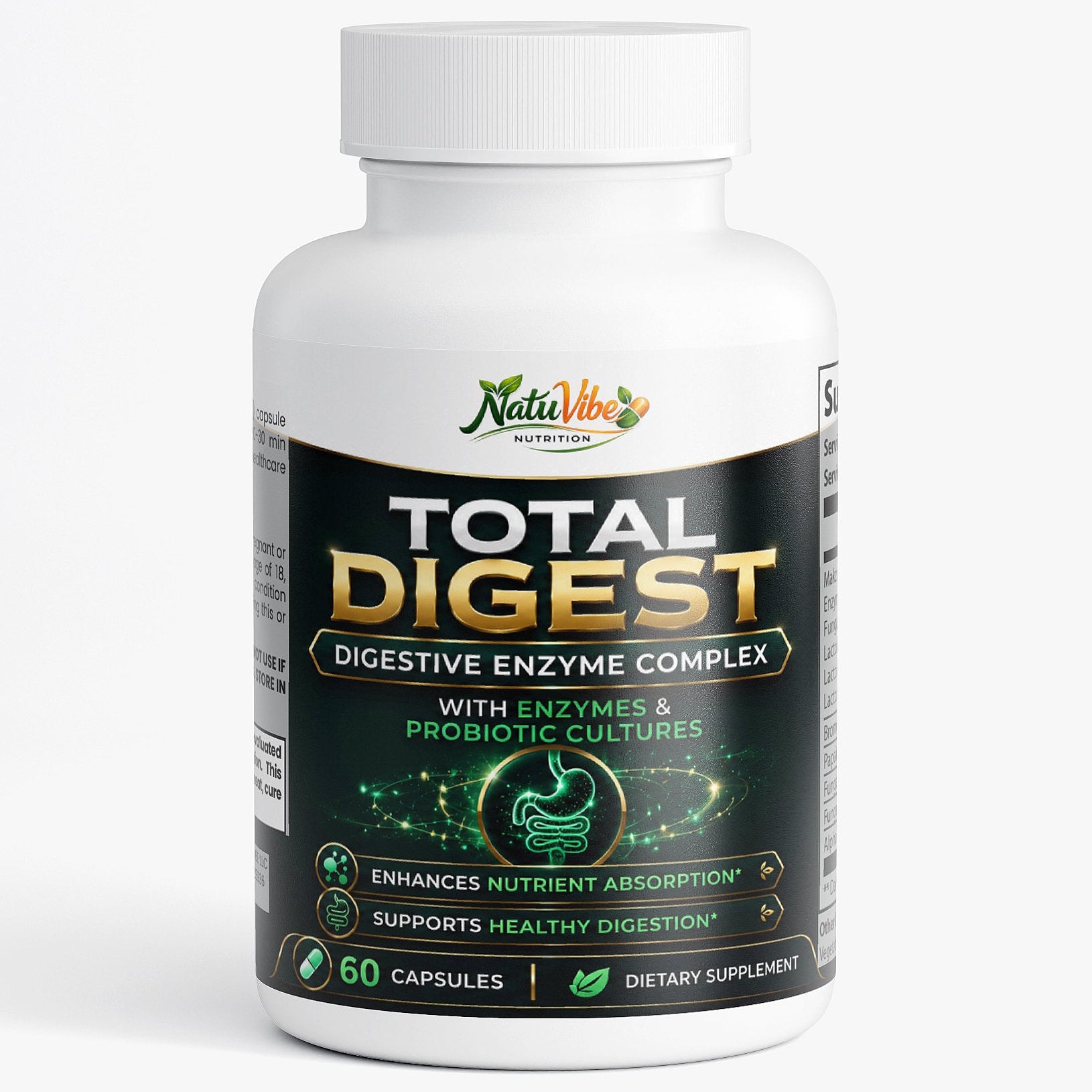 Total Digest™ – Digestive Enzyme & Gut Health Supplement | Enzymes & Probiotic Cultures | Nutrient Absorption | 60 Caps