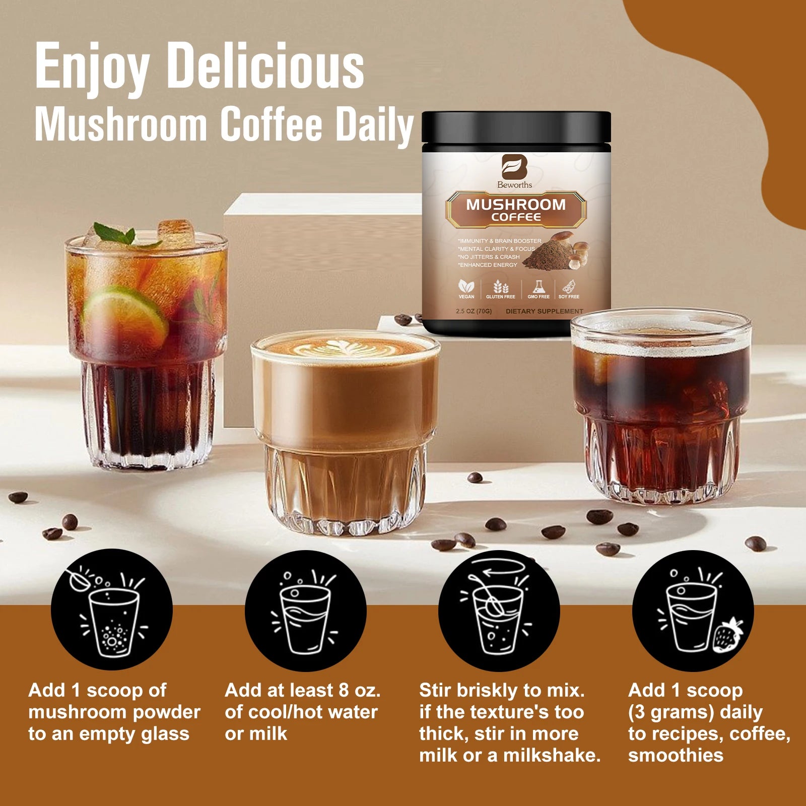 Organic Lion Mane Mushroom Coffee with Reishi, Cordyceps & Turkey Tail-Support Energy, Mental Clarity & Focus, Brain Booster