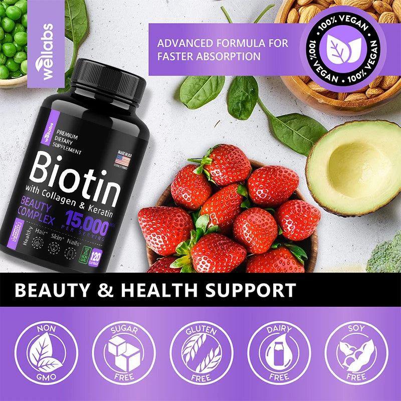 Biotin Collagen Keratin Supplement 15,000 Mcg - Hair Skin Nail Whitening Support, Suitable for Women and Men