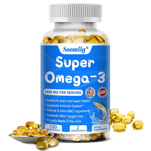 Wild Caught Super Strength Omega 3 Fish Oil 120 Softgels 5500mg High EPA 1200mg DHA 900mg Non-GMO Gluten Free Dietary Supplement