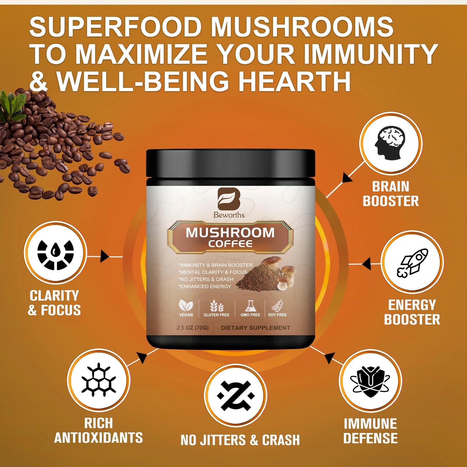 Organic Lion Mane Mushroom Coffee with Reishi, Cordyceps & Turkey Tail-Support Energy, Mental Clarity & Focus, Brain Booster