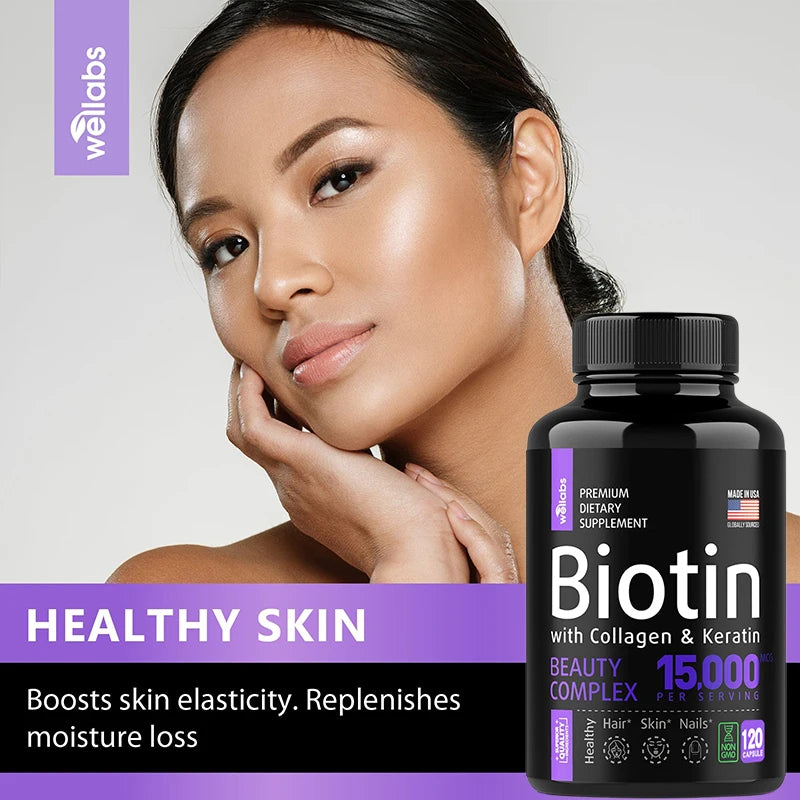 Biotin Collagen Keratin Supplement 15,000 Mcg - Hair Skin Nail Whitening Support, Suitable for Women and Men