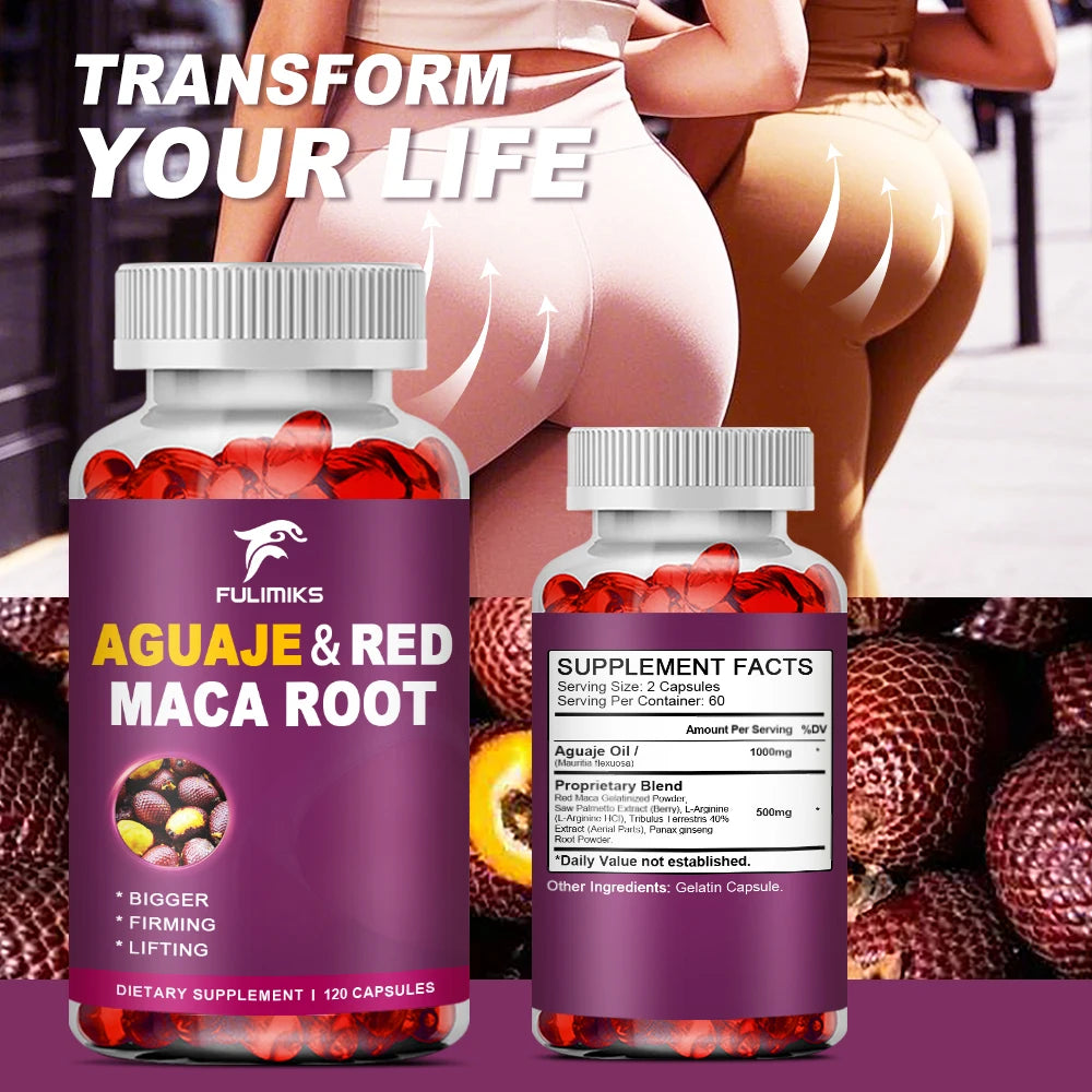 Aguaje Supplement Red Maca Root Extract Capsules Enhances Curves, Firms, Sculpting, Supports Buttocks and Immune Health