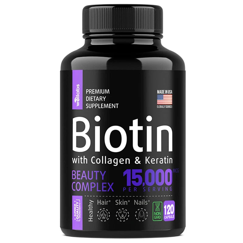 Biotin Collagen Keratin Supplement 15,000 Mcg - Hair Skin Nail Whitening Support, Suitable for Women and Men 120count United States