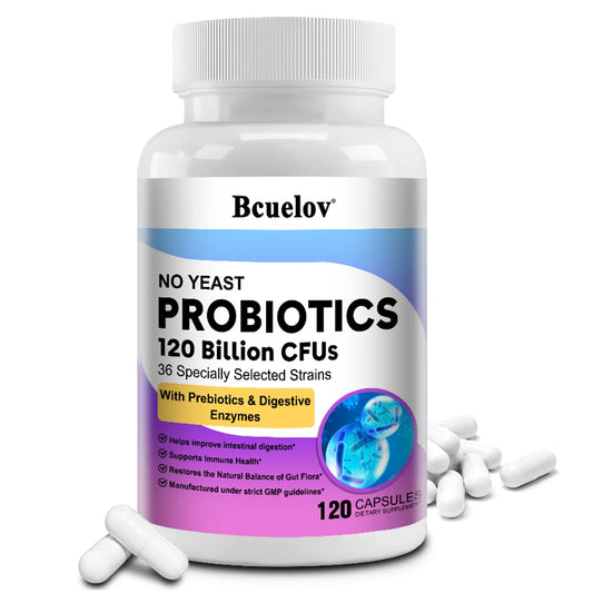 Bcuelov Probiotics 120 Billion CFU - 36 Strains with Prebiotics & Digestive Enzymes for Intestinal Digestion and Immune Support 120count United States