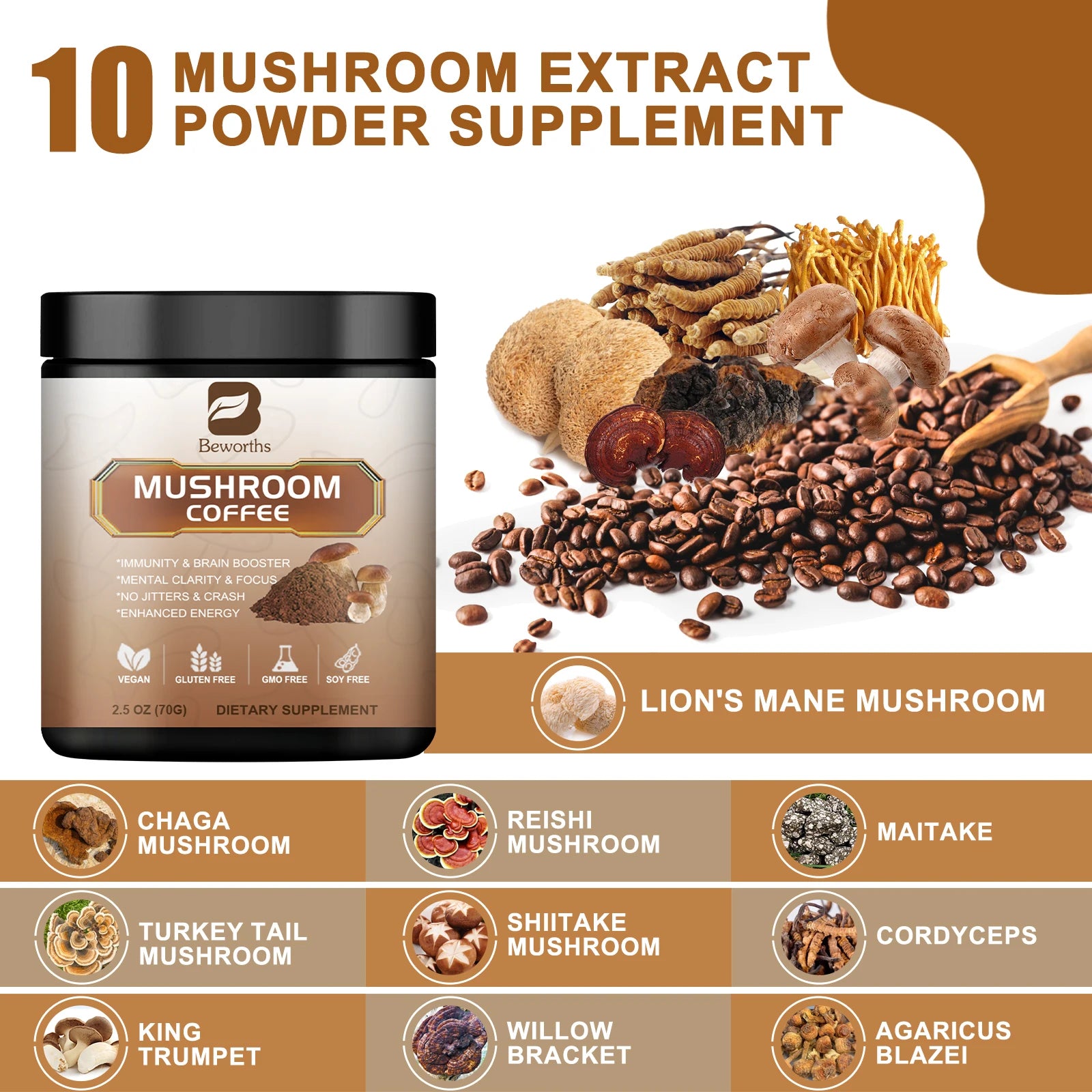 Organic Lion Mane Mushroom Coffee with Reishi, Cordyceps & Turkey Tail-Support Energy, Mental Clarity & Focus, Brain Booster