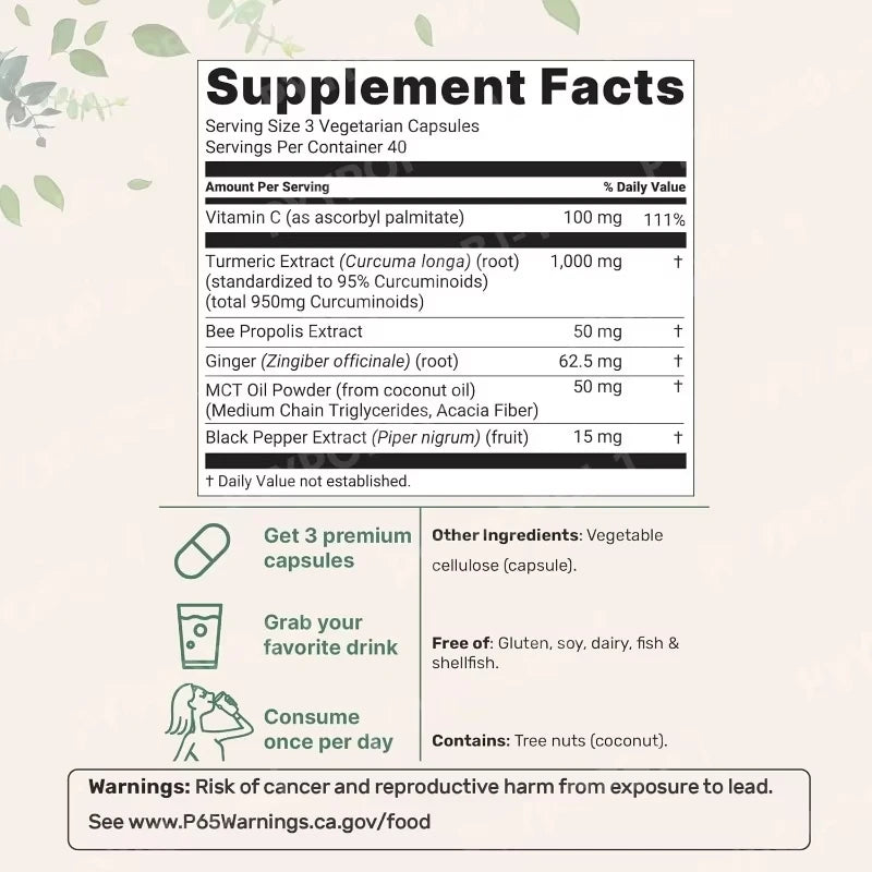 Supplement facts label with detailed ingredient list and usage instructions on a light background.