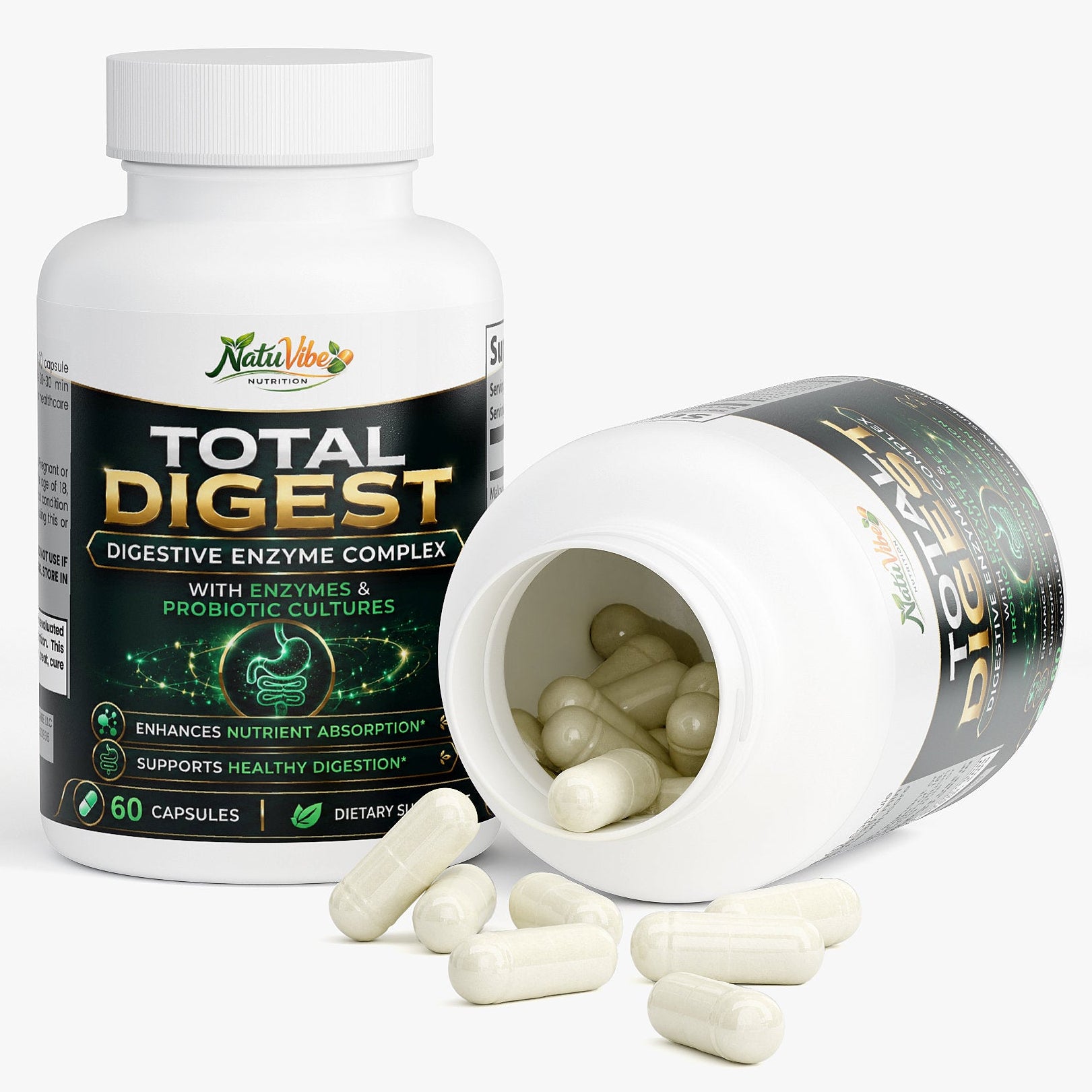 Total Digest™ – Digestive Enzyme & Gut Health Supplement | Enzymes & Probiotic Cultures | Nutrient Absorption | 60 Caps