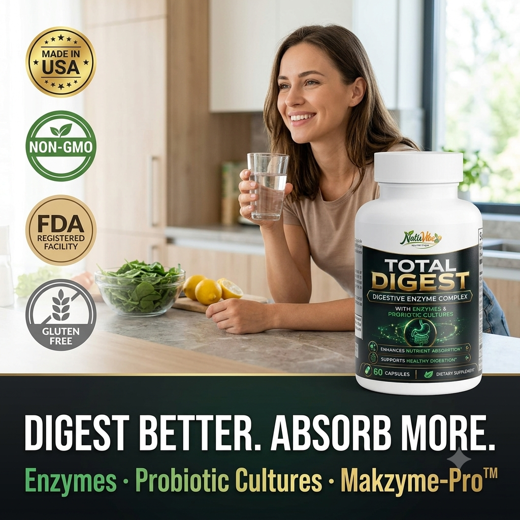 Total Digest™ – Digestive Enzyme & Gut Health Supplement | Enzymes & Probiotic Cultures | Nutrient Absorption | 60 Caps