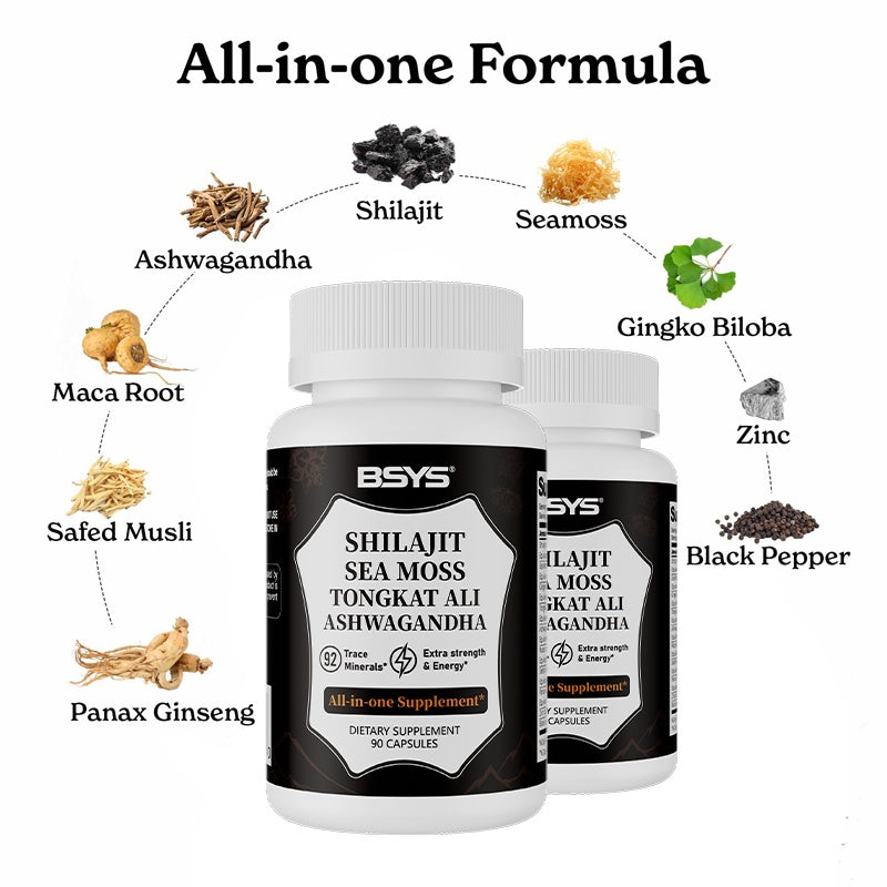 Shilajit - Sea Moss Capsules 90 Capsules Men's Vitality & Energy Anti-Fatigue Brain Health Support Hormone Balance Office Workers Seniors Antioxidant Care Blood Sugar & Metabolism Support