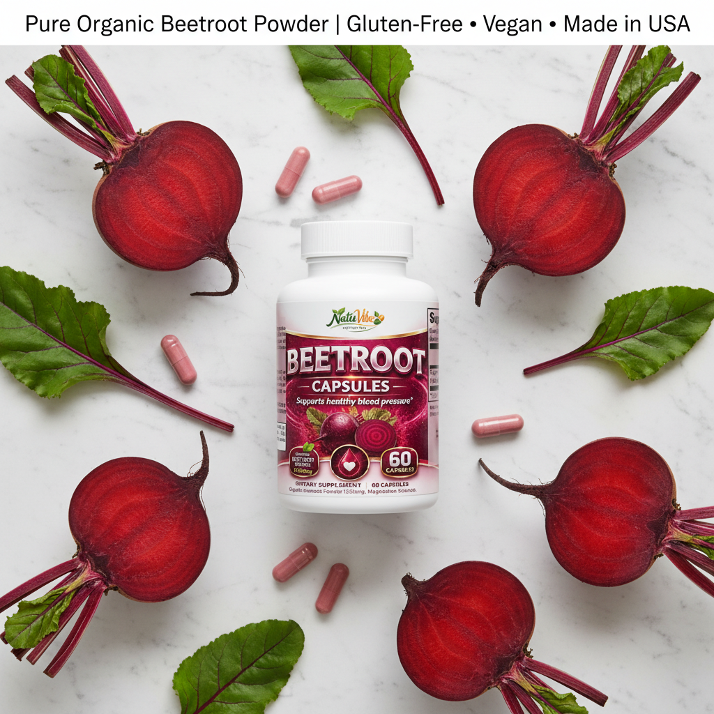 NatuVibe Organic Beetroot Capsules Flat Lay with Fresh Beets – 1300mg Beet Root Powder, Vegan, Made in USA
