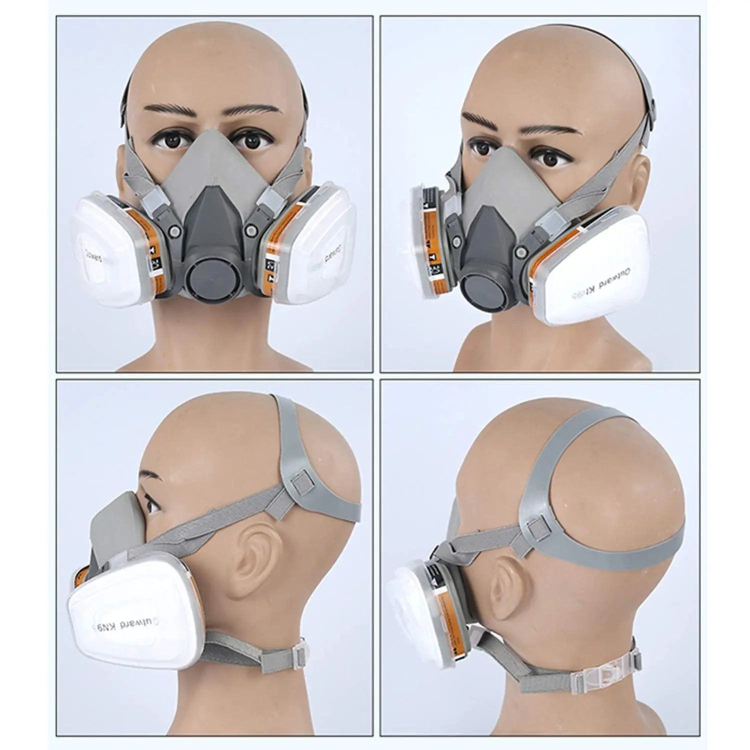 NATUVIBE industrial gas mask respirator with dual filters and adjustable straps shown from multiple angles