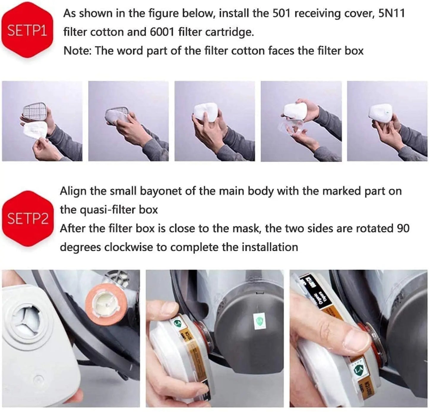 Step-by-step installation guide for industrial gas mask respirator filter cotton and cartridge by NATUVIBE