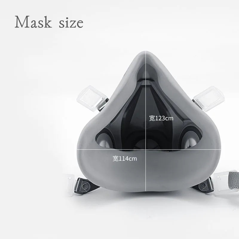 Gray NATUVIBE industrial gas mask respirator showing front view with mask size dimensions