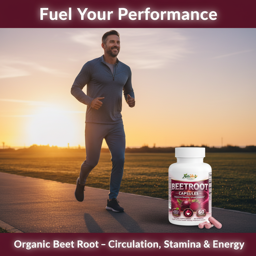 🏃‍♂️ Man Running with NatuVibe Beet Root Supplement – Organic Beetroot Capsules for Circulation & Endurance